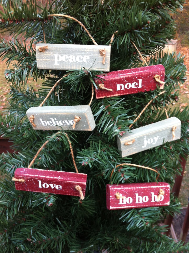 Set of Six 6 Christmas Ornament Blocks Love Peace Joy Ho Ho Ho Noel Believe Painted Wood not available in time for Christmas