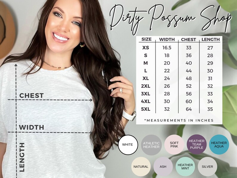 May include: Size chart for t-shirts with measurements in inches for chest, width, and length. Sizes range from XS to 5XL.  The chart also shows color options for the t-shirts, including white, athletic heather, soft pink, heather team purple, and heather aqua.