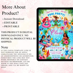 May include: A digital pool party invitation template displayed on a tablet screen featuring various animated princesses in swimwear, a large central seashell graphic, and customizable text including the name Olivia, age 5, and event details.