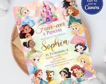May include: A rectangular birthday invitation card featuring cartoon-style princesses surrounding a central castle and rainbow. The text reads Four-ever A PRINCESS, Sophia IS TURNING 4, Saturday, October 25, 2026, at 7:00 PM, Royal Garden Palace, 123 Princess Lane, Rosewood, CA 90210, RSVP to +123-456-7890.