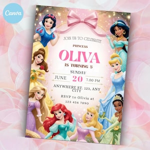 May include: A princess-themed birthday invitation featuring illustrations of various princesses. The invitation includes the name "Oliva", age, date, time, and RSVP information. The design incorporates a pink bow and a soft, pastel color scheme.