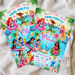 May include: A rectangular pool party invitation featuring cartoon princesses in swimwear, a large central seashell graphic, and the text: Royal Fun is Calling... Join Us! POOL PARTY! Olivia IS TURNING 5. Includes event details, date, time, and address.