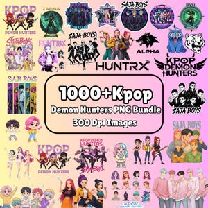 May include: A collection of Kpop-themed PNG images featuring various groups and characters. The image includes text that reads "1000+ Kpop Demon Hunters PNG Bundle 300 Dpi Images". The designs include logos, illustrations, and group portraits.