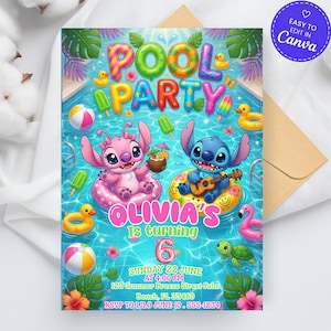 Puede incluir: Una tarjeta de invitación para fiesta en la piscina con fondo de agua azul, personajes alienígenas rosa y azul en flotadores, hojas tropicales, patitos de goma y pelotas de playa. Texto: POOL PARTY, OLIVIA'S is turning 6, SUNDAY 22 JUNE AT 4:00 PM, 123 Summer Breeze Street Palm Beach, FL 33480, RSVP TO LILO JUNE 10, 555-1234.