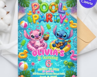 May include: A pool party invitation card featuring a blue water background with pink and blue alien characters in inflatable rings, tropical leaves, rubber ducks, and beach balls. The text reads: POOL PARTY, OLIVIA'S is turning 6, SUNDAY 22 JUNE AT 4:00 PM, 123 Summer Breeze Street Palm Beach, FL 33480, RSVP TO LILO JUNE 10, 555-1234.