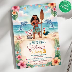 May include: A birthday invitation card featuring a cartoon girl holding a wooden oar, a pig, and a rooster on a beach with dolphins. Text reads: The ocean is calling you! Eleena is turning 3, Wednesday, 25 June, 3:00 to 6:00 PM, Wayfinder Beach Pavilion.