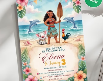 May include: A birthday invitation card featuring a cartoon girl holding a wooden oar, a pig, and a rooster on a beach with dolphins. Text reads: The ocean is calling you! Eleena is turning 3, Wednesday, 25 June, 3:00 to 6:00 PM, Wayfinder Beach Pavilion.