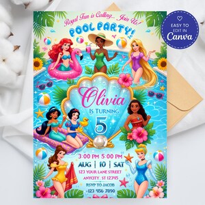 Princess Pool Party Invitation, Kids Birthday Costume Party Personalized Invite (Digital Download) image 2