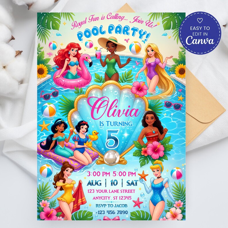 Princess Pool Party Invitation, Kids Birthday Costume Party Personalized Invite (Digital Download) image 2