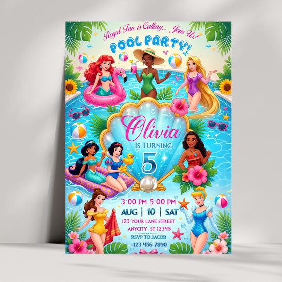 Princess Pool Party Invitation, Kids Birthday Costume Party Personalized Invite (Digital Download)