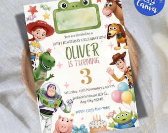 May include: A rectangular birthday invitation card featuring Toy Story characters including Woody, Buzz Lightyear, Jessie, Rex, Slinky Dog, Bullseye, and an alien. The text reads Oliver is turning 3, Saturday, 15th November 3:00 PM, Jackson's House 123 St, Any City 12345, RSVP (123) 456-7890.