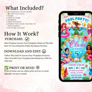 May include: A digital pool party invitation template displayed on a smartphone screen, featuring various animated characters in swimwear, a large seashell graphic, and text including Olivia Is Turning 5, Aug 10, and pool party details.