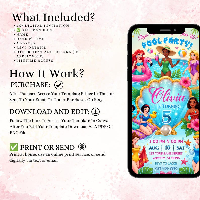 May include: A digital pool party invitation template displayed on a smartphone screen, featuring various animated characters in swimwear, a large seashell graphic, and text including Olivia Is Turning 5, Aug 10, and pool party details.