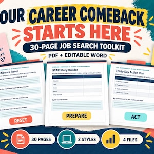 May include: A 30-page job search toolkit featuring the text YOUR CAREER COMEBACK STARTS HERE. The document includes worksheets titled Confidence Reset, STAR Story Builder, and Thirty Day Action Plan, available in PDF and editable Word formats.