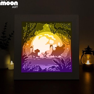 Modelo de caixa de sombra para leão e amigos, modelo de caixa de luz com recorte de papel do Rei Leão, caixa de sombra com recorte de papel de animais selvagens, caixa de luz com recorte de papel 3D