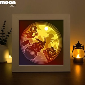 Modello per lightbox in carta ritagliata "Pokemon Fight", modello per file per shadow box Pokemon, simpatico shadow box in formato SVG, lightbox in carta 3D