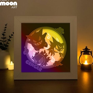 Modèle de fichier Gengar Lightbox, modèle de boîte d'ombre Pokemon Papercut, Gengar Shadow Box SVG, boîte à lumière en papier 3D