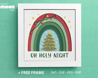 3D Christmas Rainbow Shadow Box, Szablon pudełka z cieniem choinki, Oh Holy Night Shadow Box, Warstwowa wycinanka świąteczna, Christmas SVG