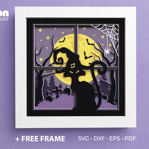 Halloween Black Cat Shadow Box Files Template, Black Cat Paper Cut Shadow Box, Cricut And Silhouette Projects, 3D Shadow Box SVG