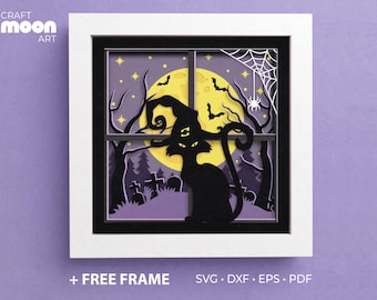 May include: A black cat wearing a witch's hat sits in a window frame. The cat is looking to the right. The window is set against a purple background with a yellow moon and stars. A spider web hangs from the top of the window frame.