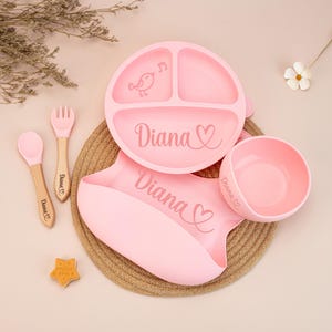 Personalized Silicone Baby Weaning Set/Engraved Silicone Bib/Cartoon Weaning Set for Toddler Kids/Feeding Set with Name/Baby Shower Gift