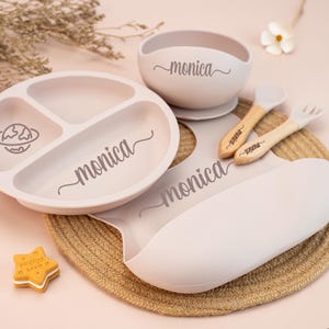 Personalized Cartoon Silicone Baby Weaning Set, Feeding Set with Name, Engraved Toddler Feeding Set, Kids Silicone Plate, Baby Shower Gift