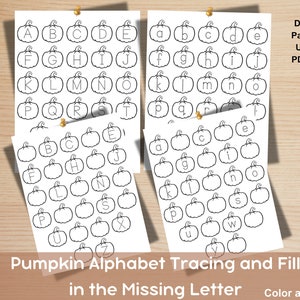 Hojas de trabajo para trazar el alfabeto de calabazas de Halloween / Hoja de trabajo para trazar el alfabeto y completar las letras que faltan /