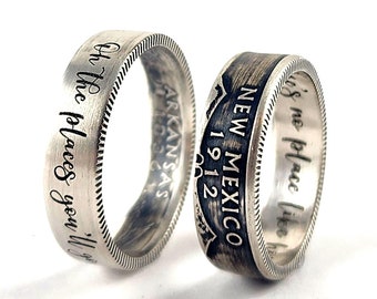 90% Silver Custom Engraved State Quarter Ring - Silver Coin Ring