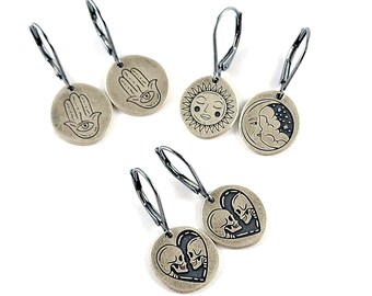 Sterling & Coin Silver Mystic Tattoo Engraved Dangle Earrings