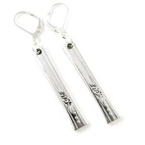 Queen Bess Spoon Drop Earrings - Silver Bar Dangle Earrings - Floral Bar Earrings - Oneida Silver Plate Flatware Jewelry