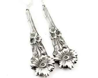 Harlequin Bachelor Button Spoon Earrings - Long Silver Earrings - Long Floral Drop Earrings - Silverware Earrings