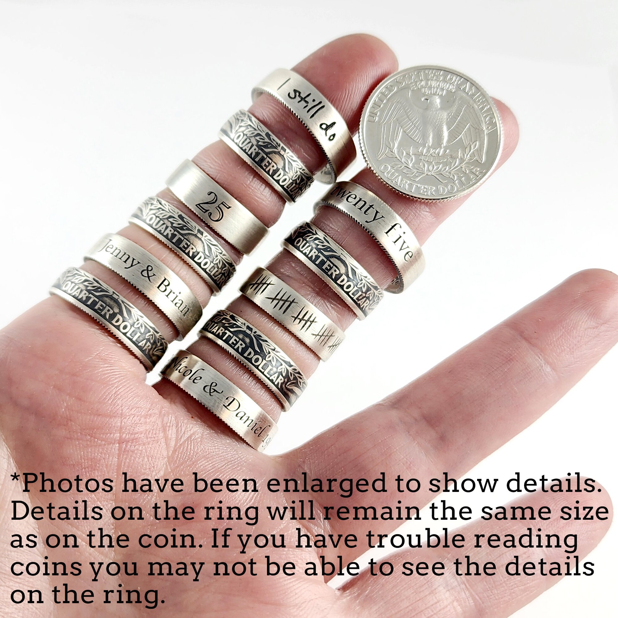 90% Silver Engraved 25 Tally Mark His & Hers Quarter Ring 90% Silver Engraved 25 Tally Mark His & Hers Quarter Ring