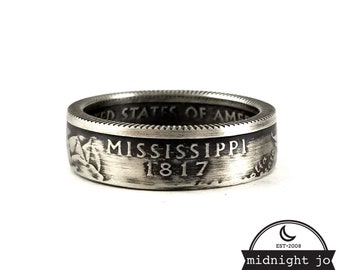 Bague pièce de monnaie Mississippi en argent Quart de anneaux State  Bague State en argent