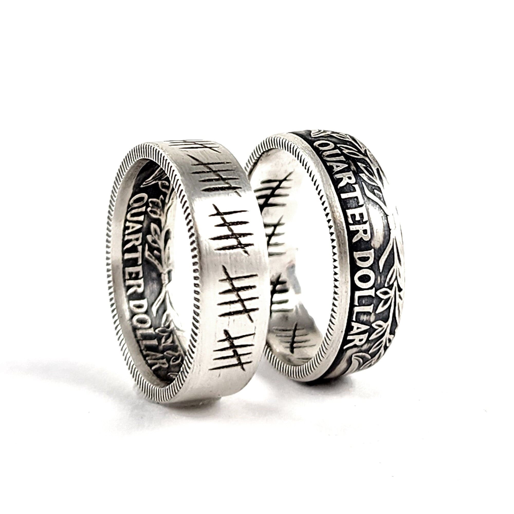 90% Silver Engraved 25 Tally Mark Quarter Ring - 25th Anniversary