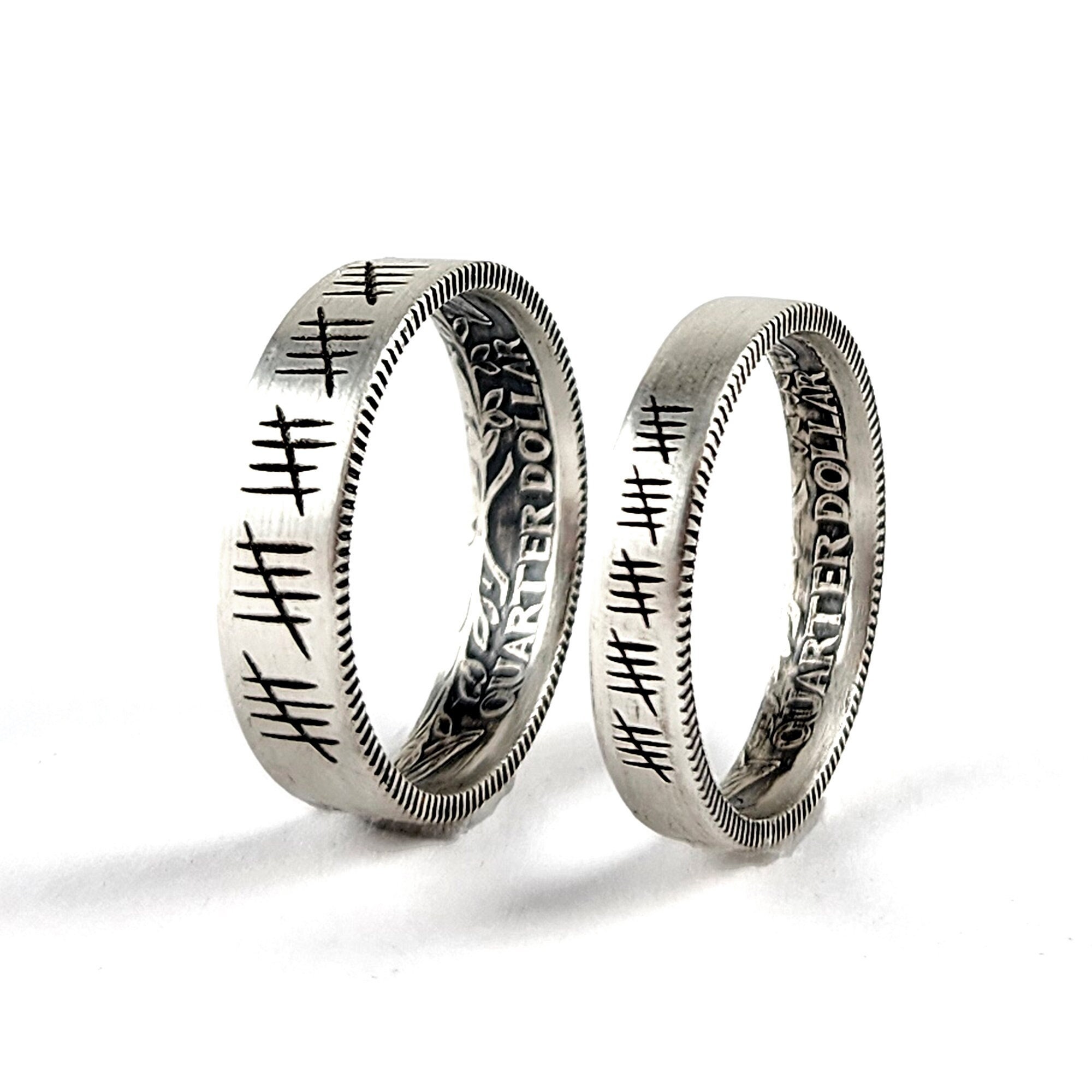 90% Silver Engraved 25 Tally Mark His & Hers Quarter Ring 90% Silver Engraved 25 Tally Mark His & Hers Quarter Ring