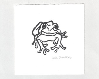 black and white print of happy frog orignial art, unframed 4 x 4 inches amphibian wetlands tropical home décor, UNFRAMED BP104