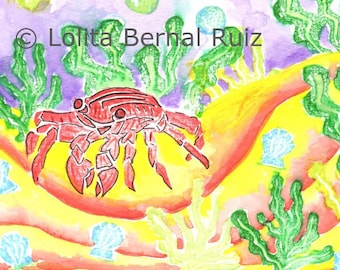 Red Crab painting / ocean marine art / crab illustration / nursery decor / reproduction / 8 x 10 inch / P111