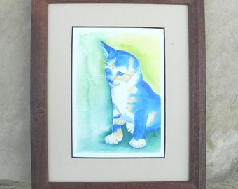 happy blue cat original art reproduction,  extra toes kitty sitting pretty wall art, calico kitten, UNFRAMED 8 x 10 inches P139