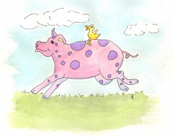 happy pig art, running pig, duck riding pig, cheerful pig art, cartoon pig art, pink and purple pig with spots, Nursery art, P149