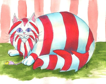 Cat Art print, whimsical cat, silly, funny kitty, kids room, striped kitten, playing cat, feline art, fat cat, Nursery art, 8 x 10, P145