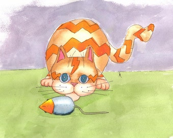 Cat Art print, whimsical cat, cat with mouse, silly, funny kitty, tabby kitten, playing cat, stalking, fat cat, Nursery art / 8 x 10 / P146