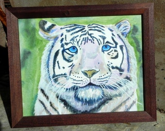 white tiger with blue eyes art, wildlife print, big cat animal lover gift, unframed, original art reproduction,  beautiful wild cat art P126