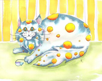 Fat cat with polka dots, fat furry blue and white kitty, silly cat art, cheerful cat art, funny kitty, spotted , playing, child art,  P147