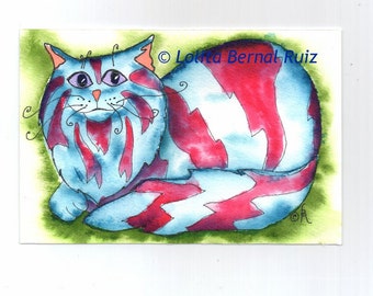 red and blue cat for her, fun trendy kitten illustration, wall décor poster, home gift  for mom, housewarming present unframed P115