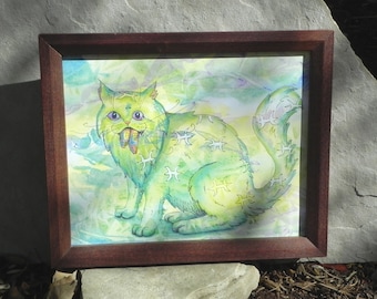 Pisces cat original art reproduction,  astrology symbols on fur art, kitty with fishes kitten, UNFRAMED 8 x 10 inches P127