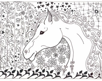 horse art / black and white / wall decor / horse lover / small art  / decorative horse / zentangle / child art / animal love / 8 x 10 / P150