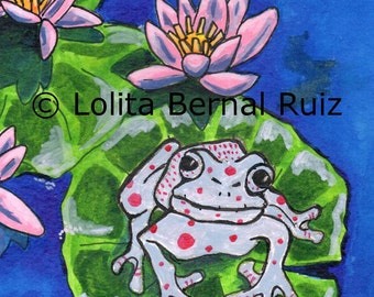 Frog on lily pad art / flower /red spotted frog / botanical / pond / nursery decor / reproduction / 8 x 10 inch / P102