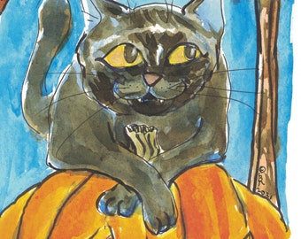 Black cat Halloween art, cute cat halloween decor,  print of original art, P156