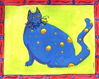 fat blue kitty with yellow spots looking at you art, fun and whimsical cat decor with red border, UNFRAMED reproduction, 8 x 10 inch, P130