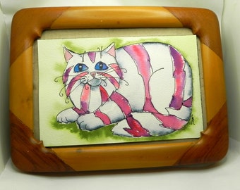 fluffy fat tabby cat red and white art, striped kitten , whimsical happy and bright fluffy kitty, UNFRAMED, 4 x 6 in,  P105